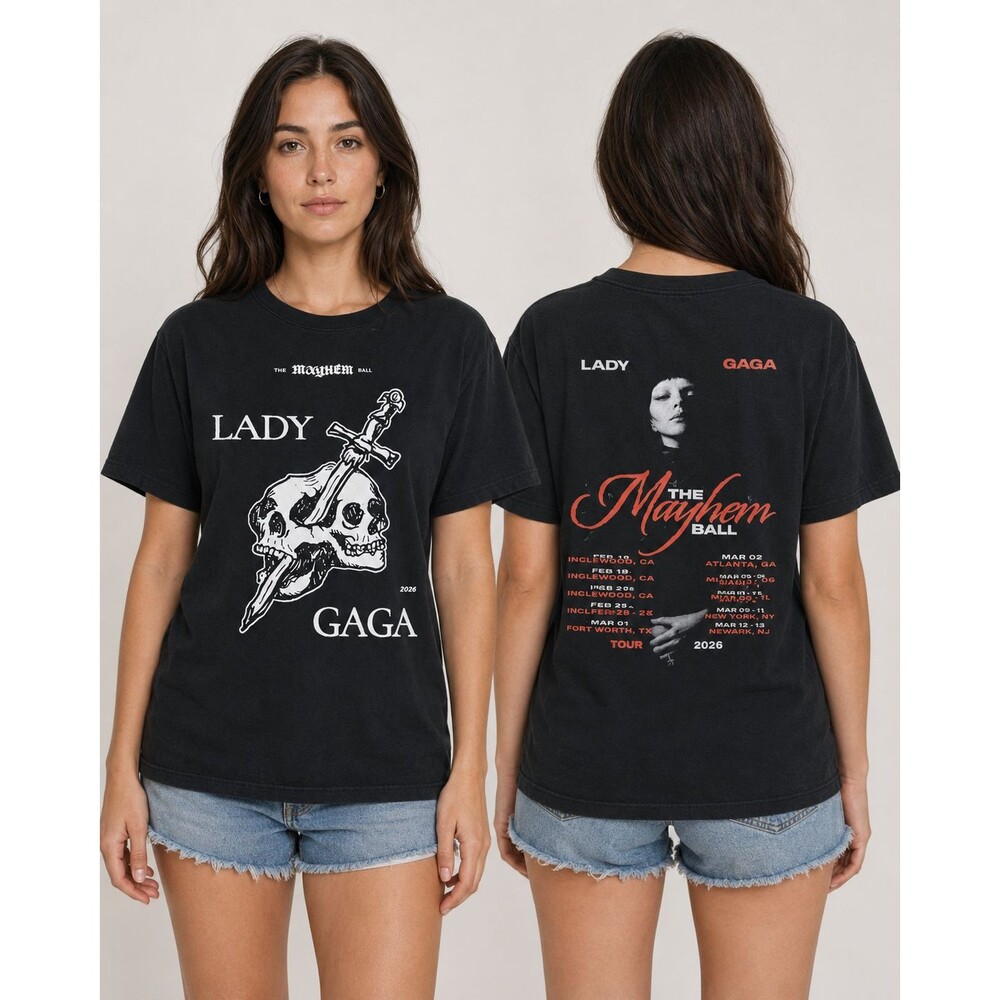 Lady Gaga Mayhem Ball 2026 Skull Dagger Tour TShirt Black Double Sided Unisex XL
